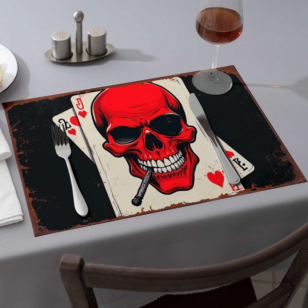 Yellow Placemats Red Skull With Playing Cards. Dining Place Mats Table Runner Yellow Placemats(1PCS)