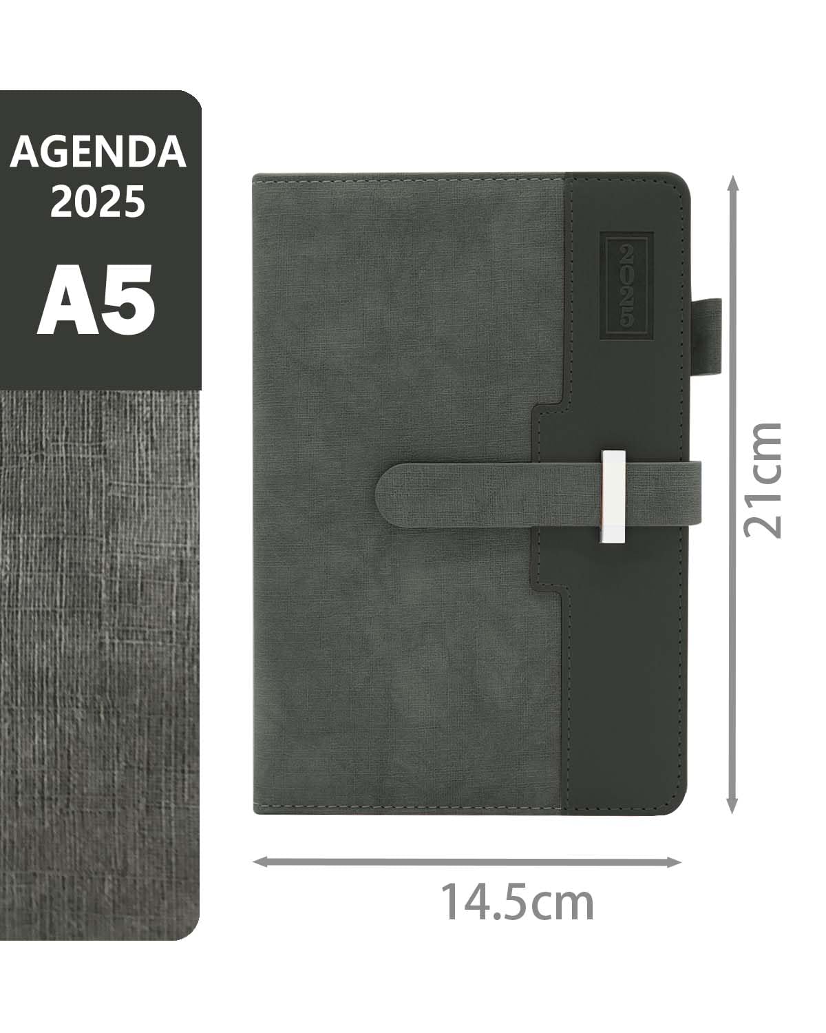 HW CASA Agenda Giornaliera 2025 Taccuino,Formato A5,200 Pagine,Copertura impiombata bicolore di alta qualità,Con inserto per penna e fibbia,Design a Pagina Singola ed Etichette Mensili Colorate,Grigio