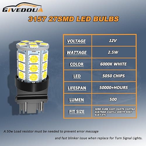 Miniatura 2 de GIVEDOUA Bombilla LED 3157 súper brillante 3156 3156A 3056 3057 4057 3157 4157 T25 para luces de freno, luces de marcha atrás de respaldo, luces