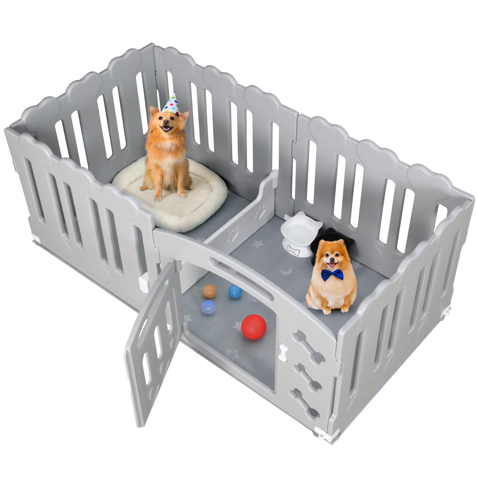 Parque para Perros 154x78x60CM, Jaula para Perros con Partición para una División Funcional, Corralito Vallas para Perros con Ventosas&Anclajes al Suelo, Plastico Parque Perros para Interiores, Gris
