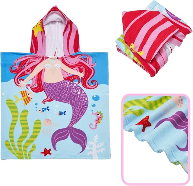 Kikuo Girls Hooded Beach Bath Towel, Mermaid Design, Kid 100% Cotton Microfiber, Comfortable and Soft, Suitable for 0-110cm Children Swimming, Bathroom, Beach with Storage Bag and Carrying Strap, Pink