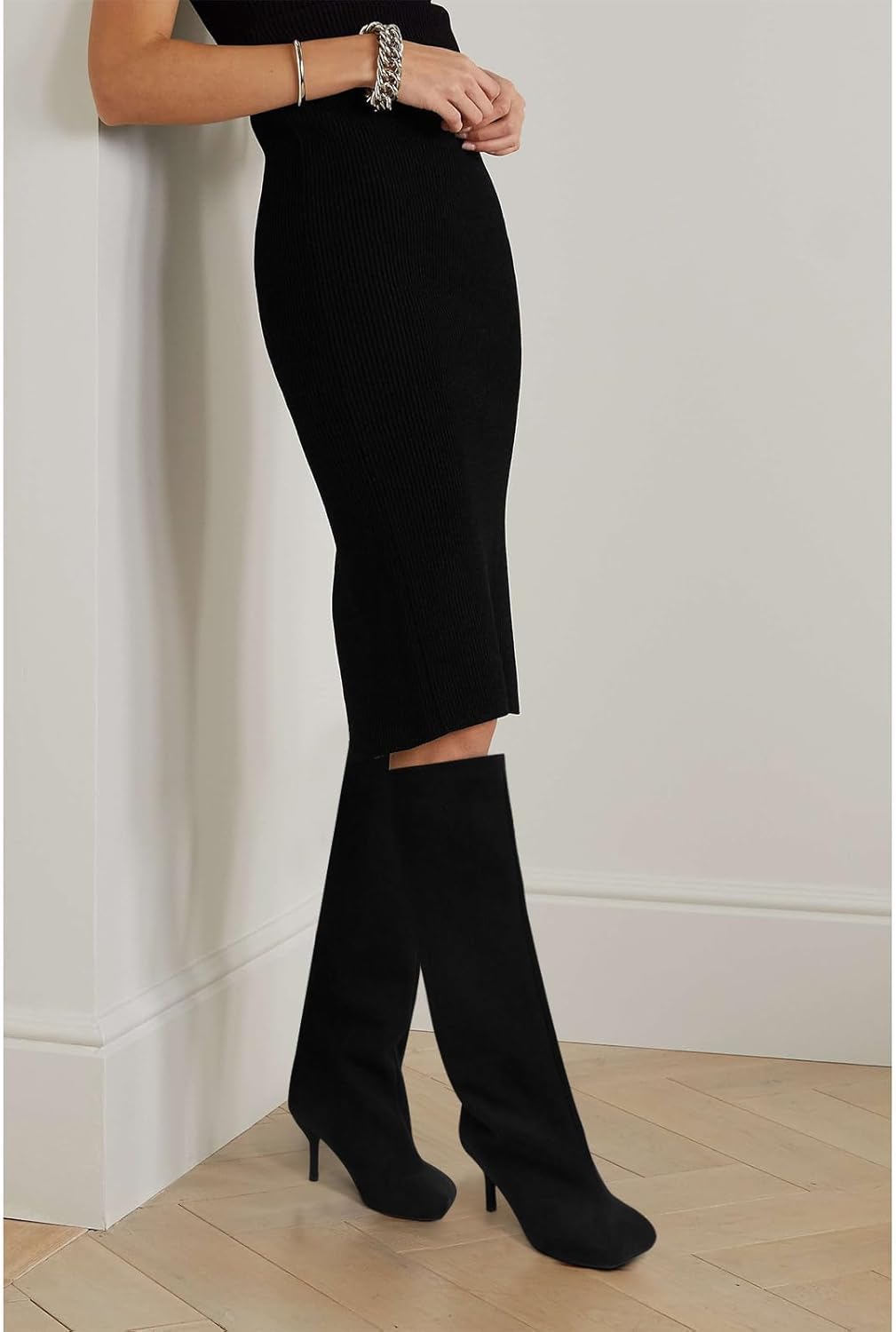 Women's Knee High Suede Boots for Women Wide Calf Square Toe Stiletto Heels Tall Boots Pull On High Heel Long Booties - Image 4