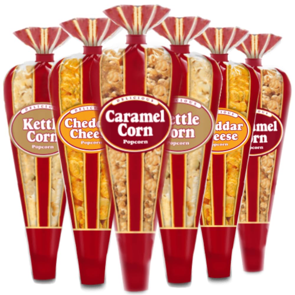 Popcornopolis Gourmet Popcorn – Premium Pack of 6 Popcorn Mini Cones & Exclusive Inspirational Sticker! Small Storage Space Friendly & Great Stocking