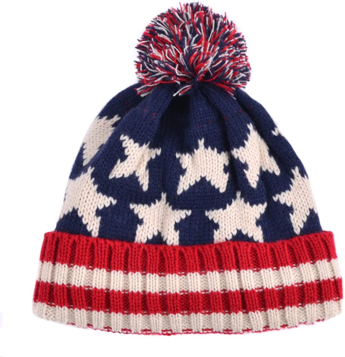 Parquet American Flag Knit Pom Beanie Ski Hat with Stars - Image 2