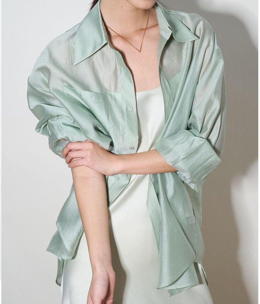 Bluse Damen Elegant,Damenbluse, Langärmlige Hemden, Hellgrün, Leichtes Hemd Mit Reversknöpfen, Durchsichtig, Überzug Mit Tasche, Elegante Strickjacke, Kimono-Arbeitshemd, Leichte Dünne Jacke