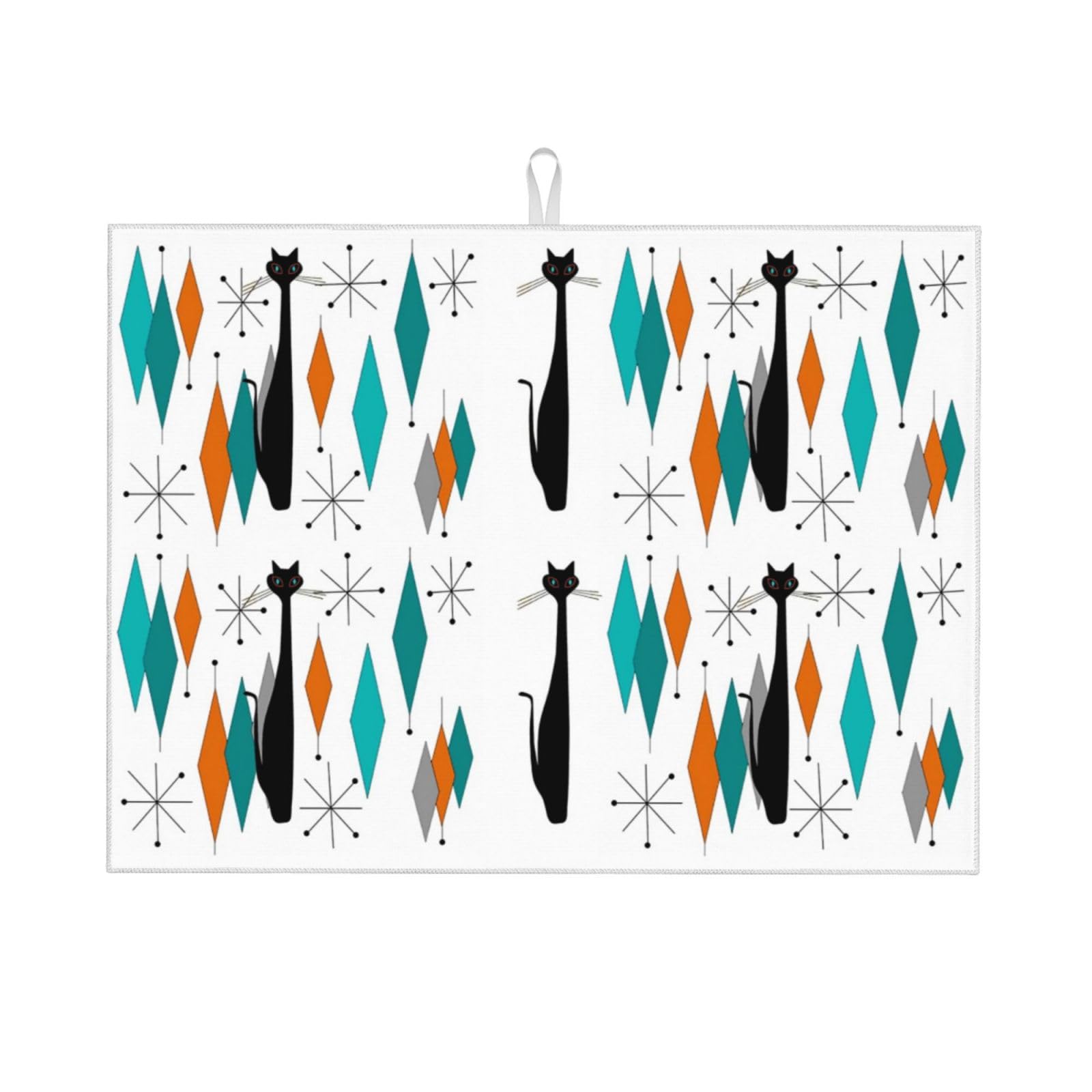 Mid Century Modern with Black Cat Dish Drying Mats for Kitchen Counter Coffee Bar Washable Absorbent Reversible Retro Dish Drying Pad Rack Mat Kitchen