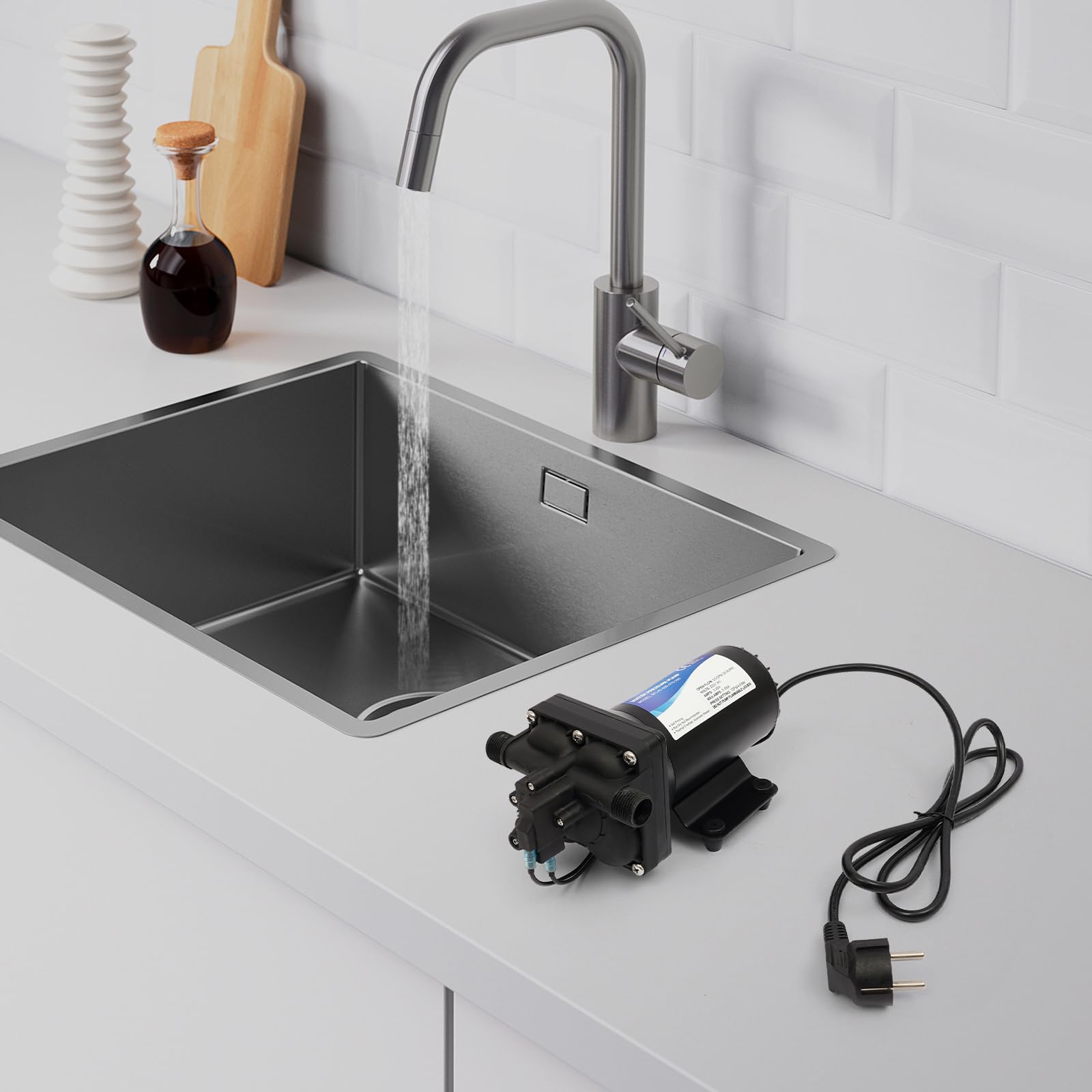 Bomba de agua de 4,58 GPM con interruptor de presión, para jardín, ducha y barco, bomba de membrana automática de 184 W con protección contra marcha en seco, para caravanas y yates