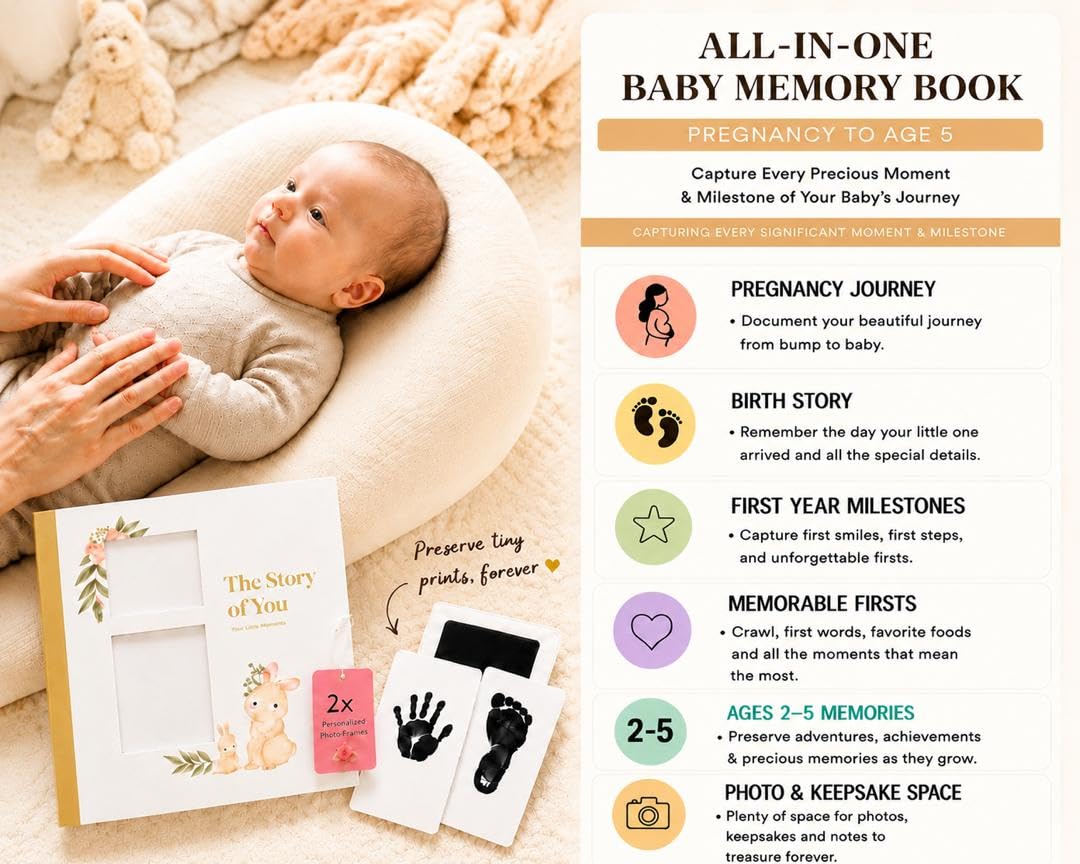 Baby-Erinnerungsbuch für Jungen oder Mädchen, Babybuch, Andenken mit Stempelkissen und zwei personalisierten Rahmen, halten Sie jedes Ereignis von der Geburt bis zum 5. Lebensjahr fest
