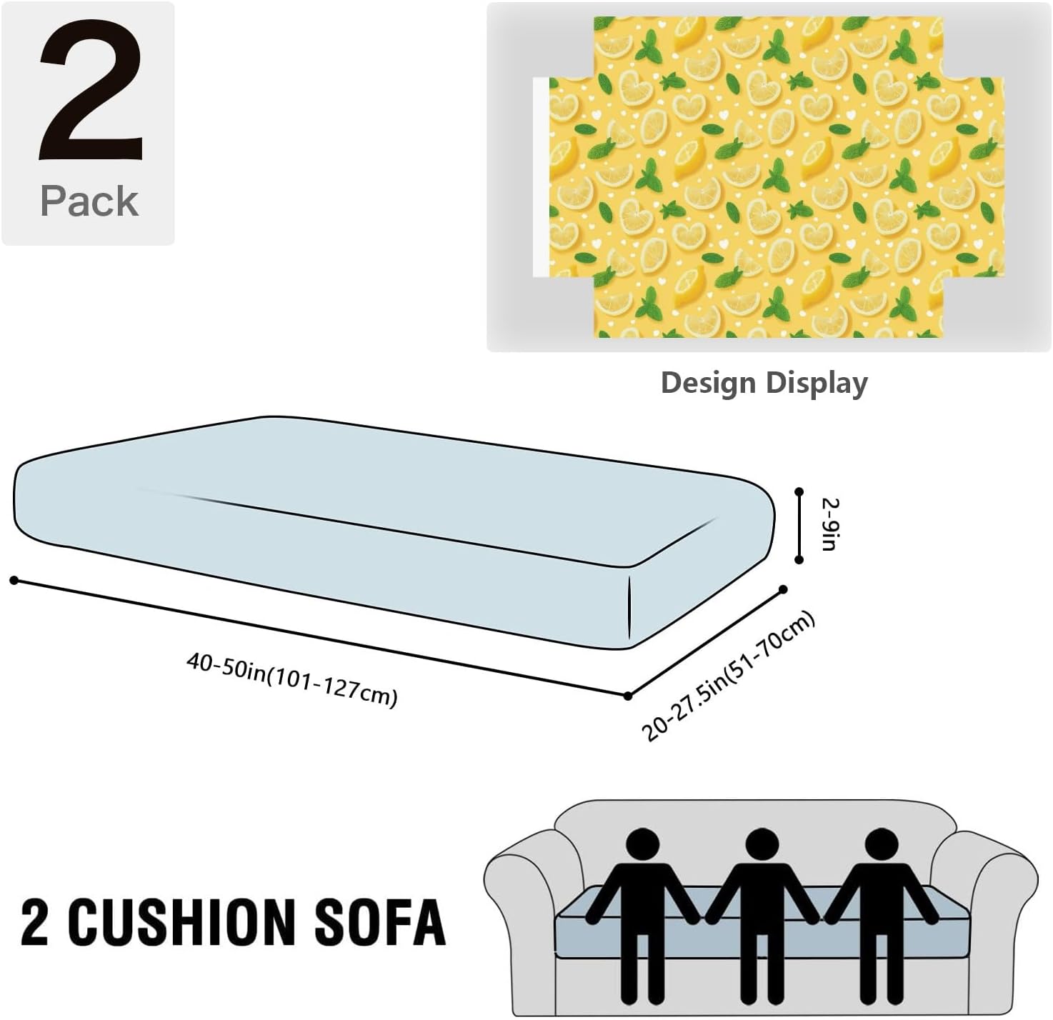 Yellow Lemon Mint Hearts Loveseat Covers Couch Covers for 2 Cushion Couch, 2-Piece Stretch Sofa Slipcovers Anti-Slip Washable Furniture Protectors for Dogs Pets