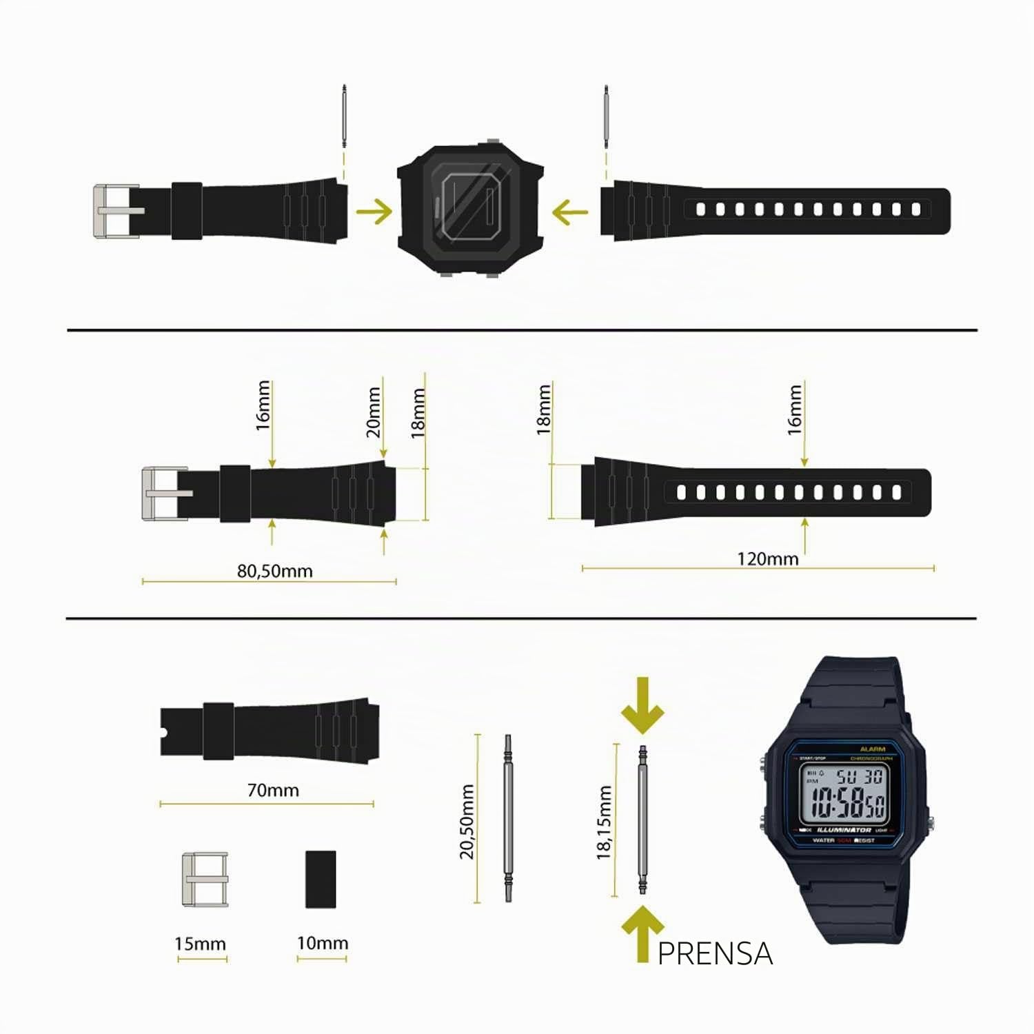 Repuesto Correa de Silicona Pasadores Metal Compatible con Reloj Casio F91W Negro