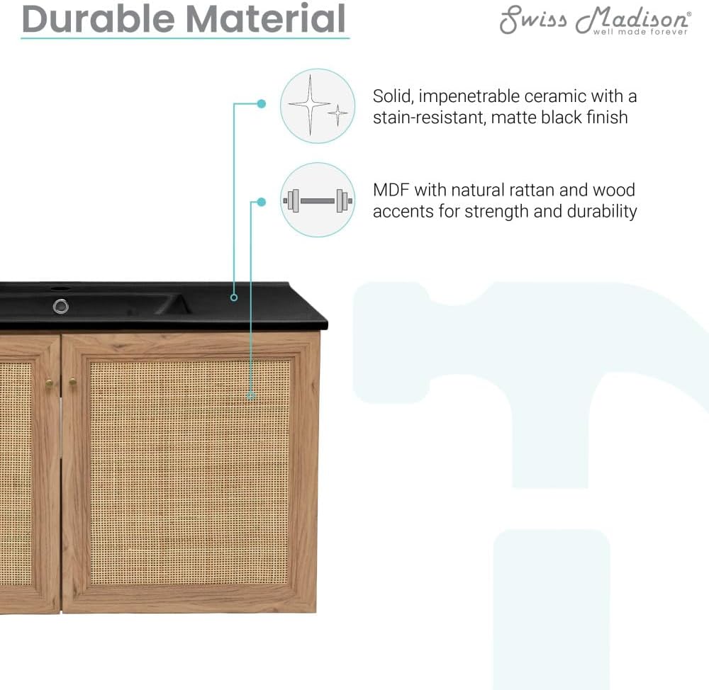 Swiss Madison Classe 36 in. Brown Oak Wall Hung Bathroom Vanity with Black Ceramic Sink Top