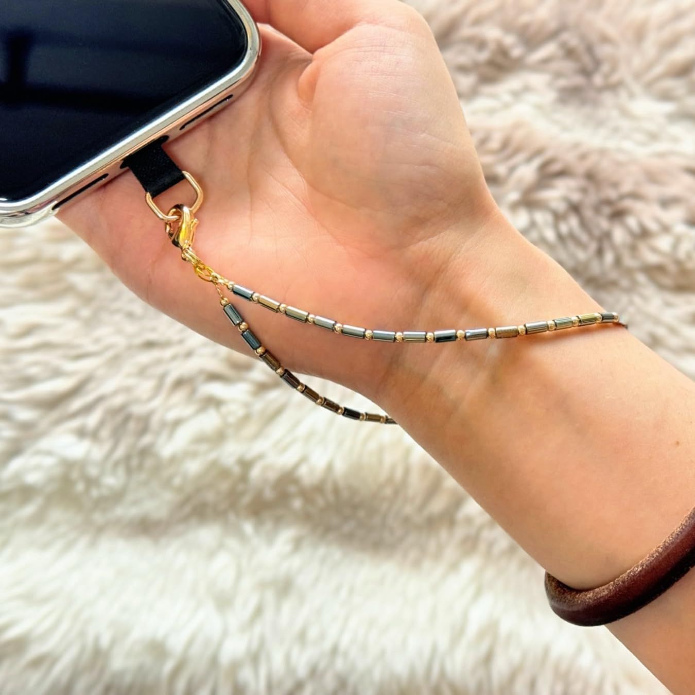 Cell Phone Charm Beaded Phone Charms Beaded Bracelet Hand Strap Tiny Beads Chains Wrist Lanyard Wristlet Cylinder Bead Charm (Gloss Blue/Gold) - Image 3