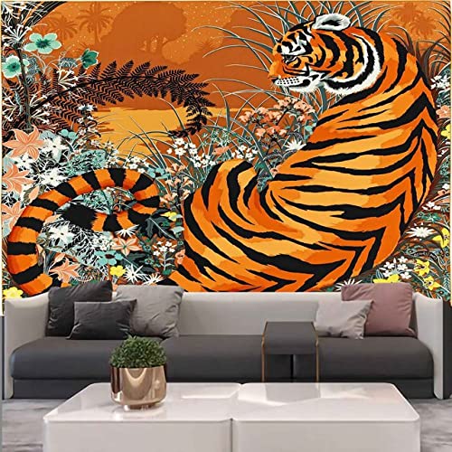 Tapisserie macramé hippie tigre et fille tenture murale boho gris 300x200 cm