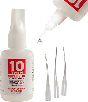 StewMac Super Glue, No. 10 Thin, 1 oz. Water-Thin Adhesive for Guitar Repair Fast Curing 3-5 sec Includes Whip Tips & Clog-Free Stopper
