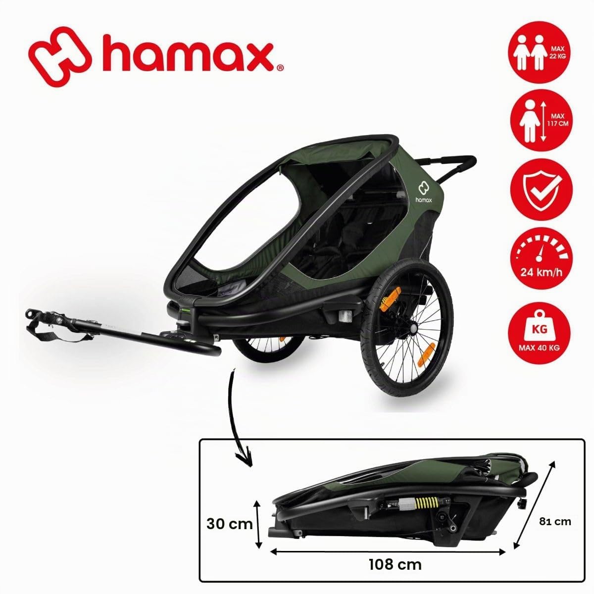 Hamax - Outback-Anhänger – 2-Sitzer – leicht und bequem – neigbare Sitze – große Fenster – Reflektoren vorne/hinten – faltbar und tragbar – Befestigung Fahrrad oder Kinderwagen