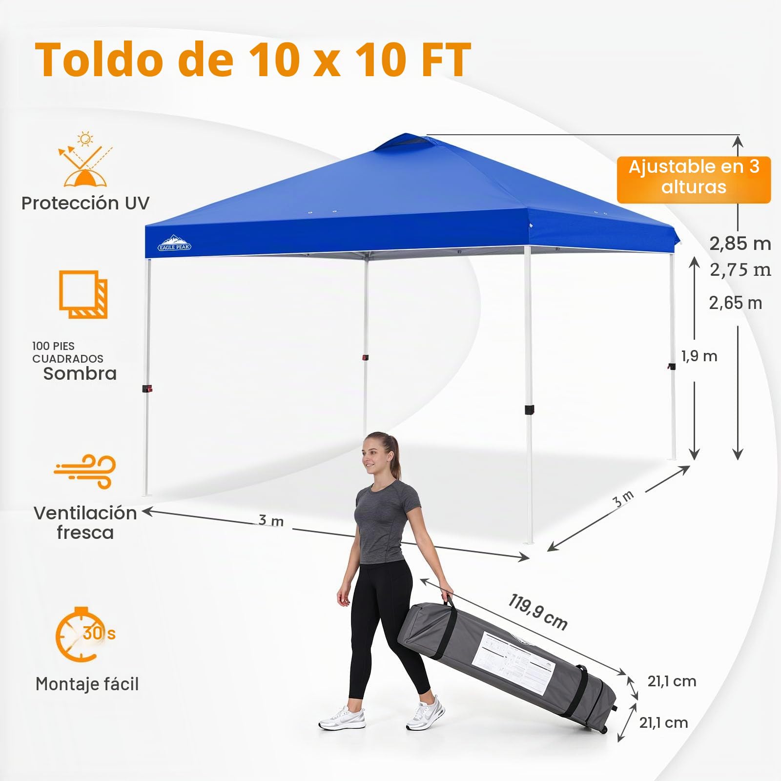 EAGLE PEAK Carpa Plegable con Bolsa con Ruedas, 8 Estacas, 4 Cuerdas, 4 Bolsas de Pesas, Montaje Fácil, 3x3 m, 9 m² de Sombra, Marrón