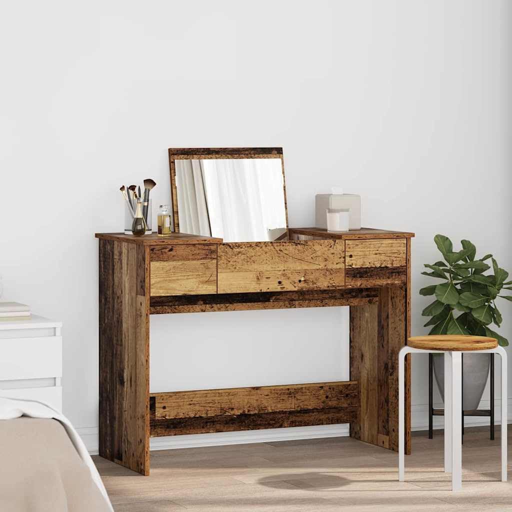 Kosmetiktisch Altholz mit 2 Schubladen und Spiegel 100 x 45 x 76 cm, Schminktisch mit Stauraum für Schlafzimmer, Ankleidezimmer, Makeup und Styling