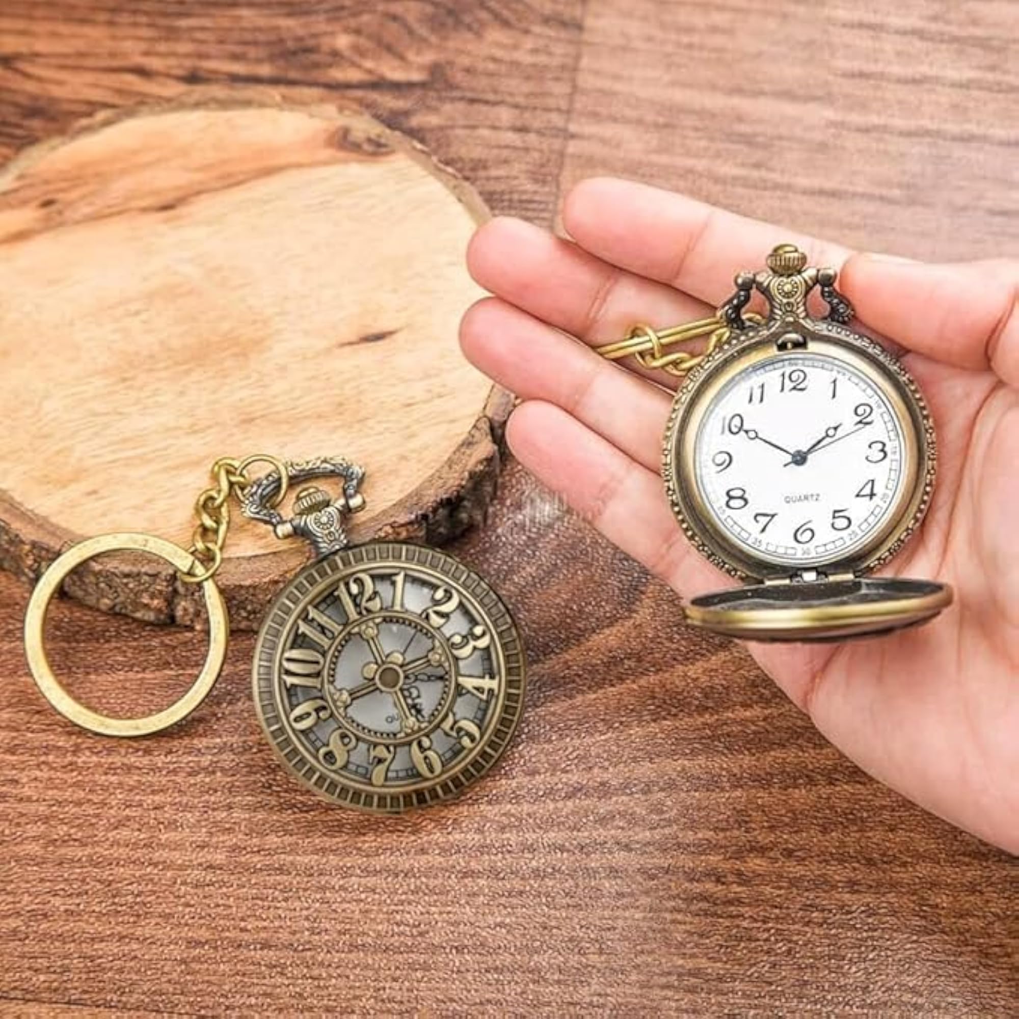 Vintage Clock Dial Pocket Watch Keychain, Antique Quartz Pendant