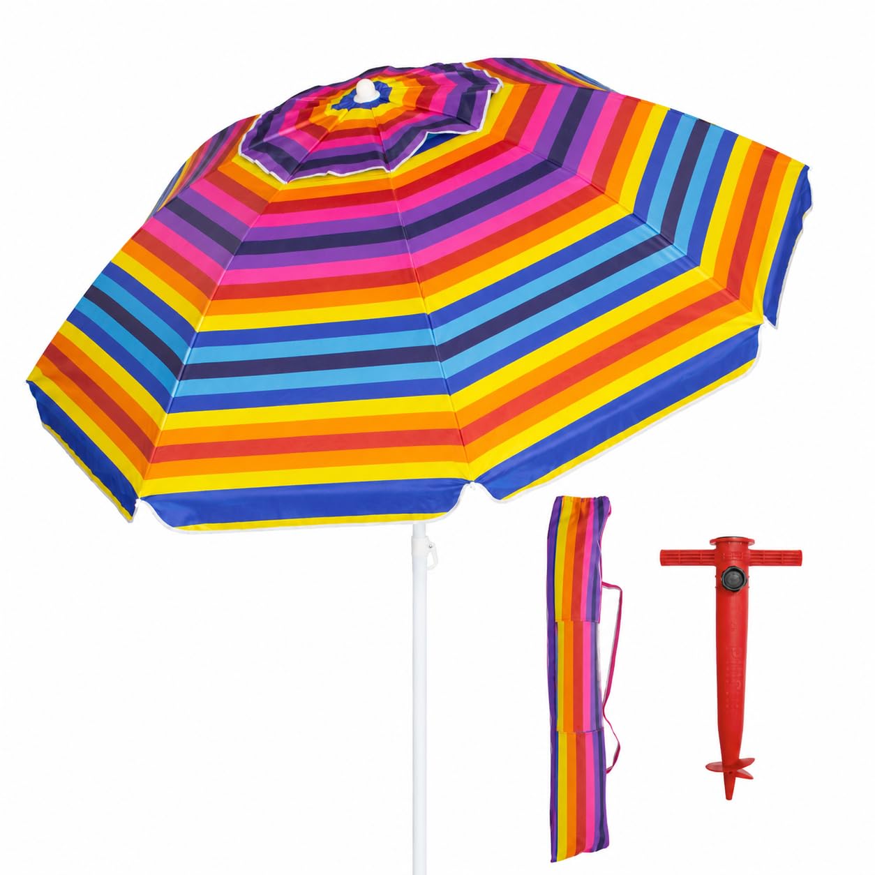 Pincho Parasol de plage à rayures multicolores 200 cm Support inclus, protection UV50+, inclinable et hauteur réglable, 8 baleines en fibre de verre, tube métallique résistant au vent