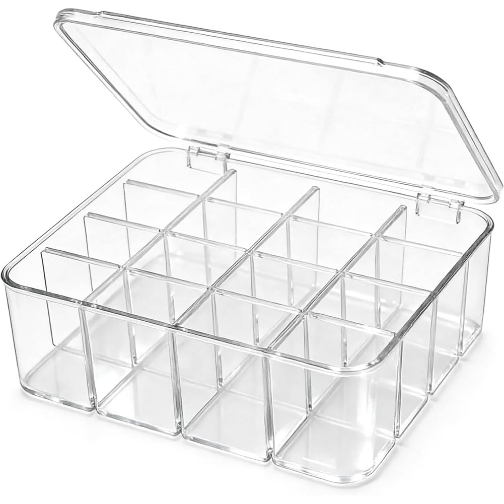 Hndhbfgrt Adjustable Divider Sock Underwear Drawer Organizer, 16 Compartment Clear Plastic Storage Box with Lid& Tie Box