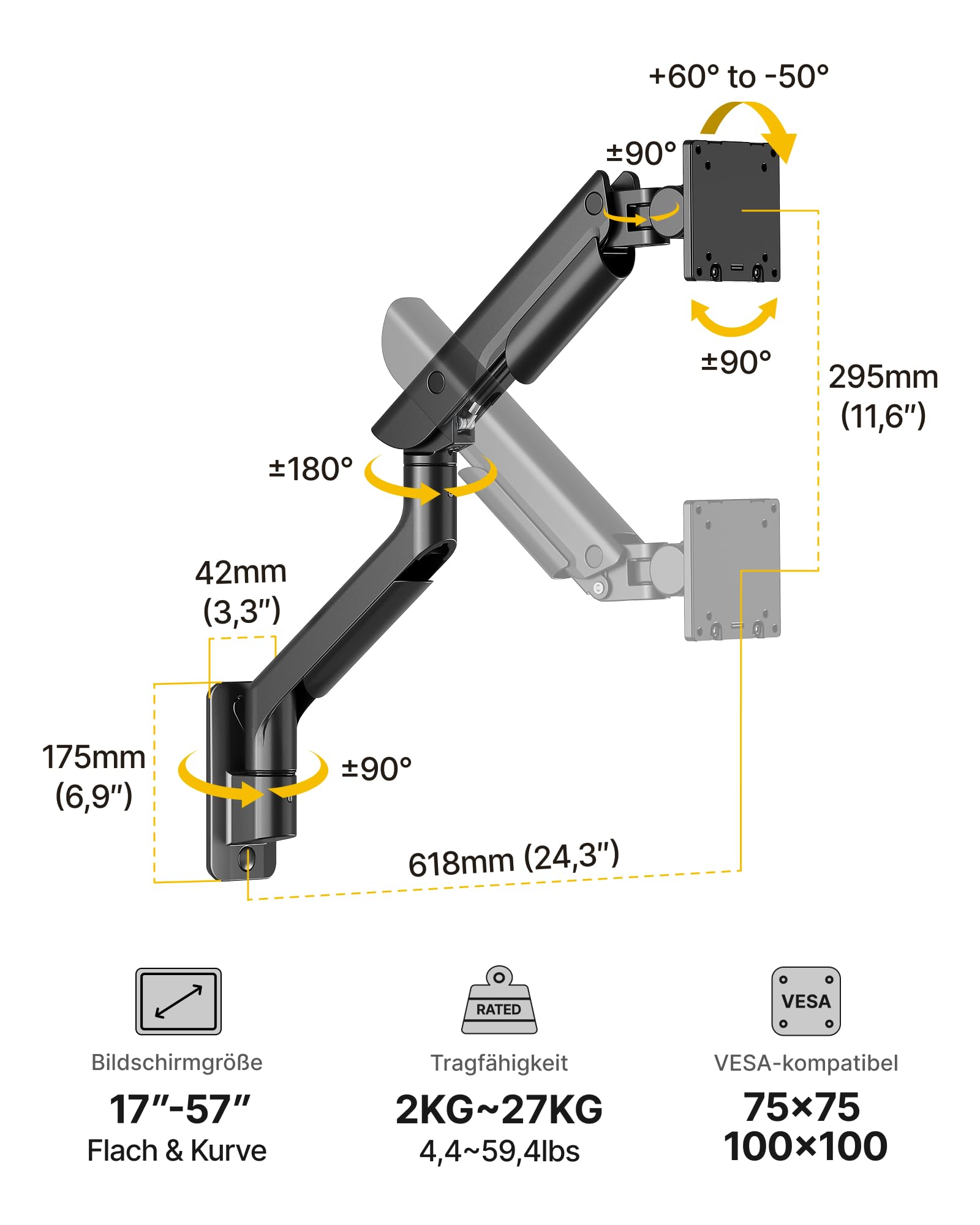monTEK Supporto da parete singolo per monitor ultrawide da 17 a 57 pollici, fino a 27 kg, in alluminio ad alta resistenza con regolazione dell'altezza, funzione pneumatica, VESA 100 x 100/75 x 75