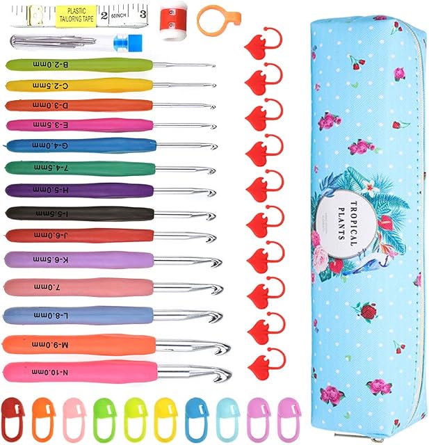YINVA 48Pcs Crochet Hooks Set,14Pcs Ergonomic Crochet Kit,Soft Grip Handles Knitting Needles Kit with Case for Arthritic Hands Adults Beginners,Standard,2.0mm-10.0mm
