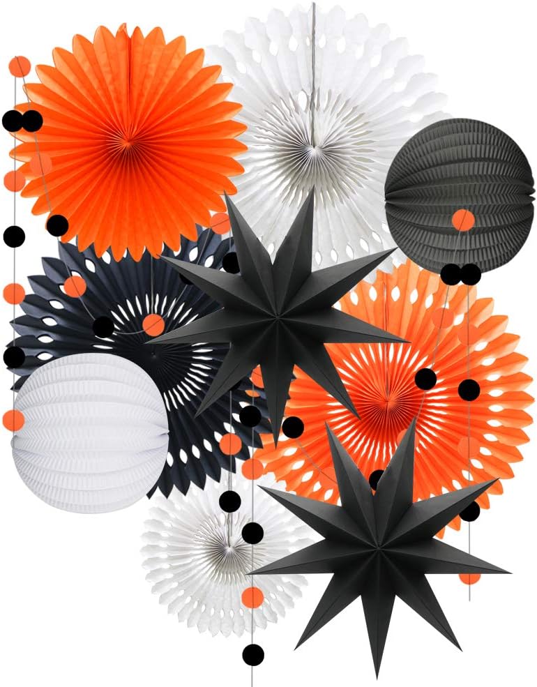 ADLKGG Orange White Black Halloween Decorations, Hanging Tissue Paper Fans Circle Garland Paper Lanterns for Graduation Wedding Anniversary Birthday Backdrop Decor