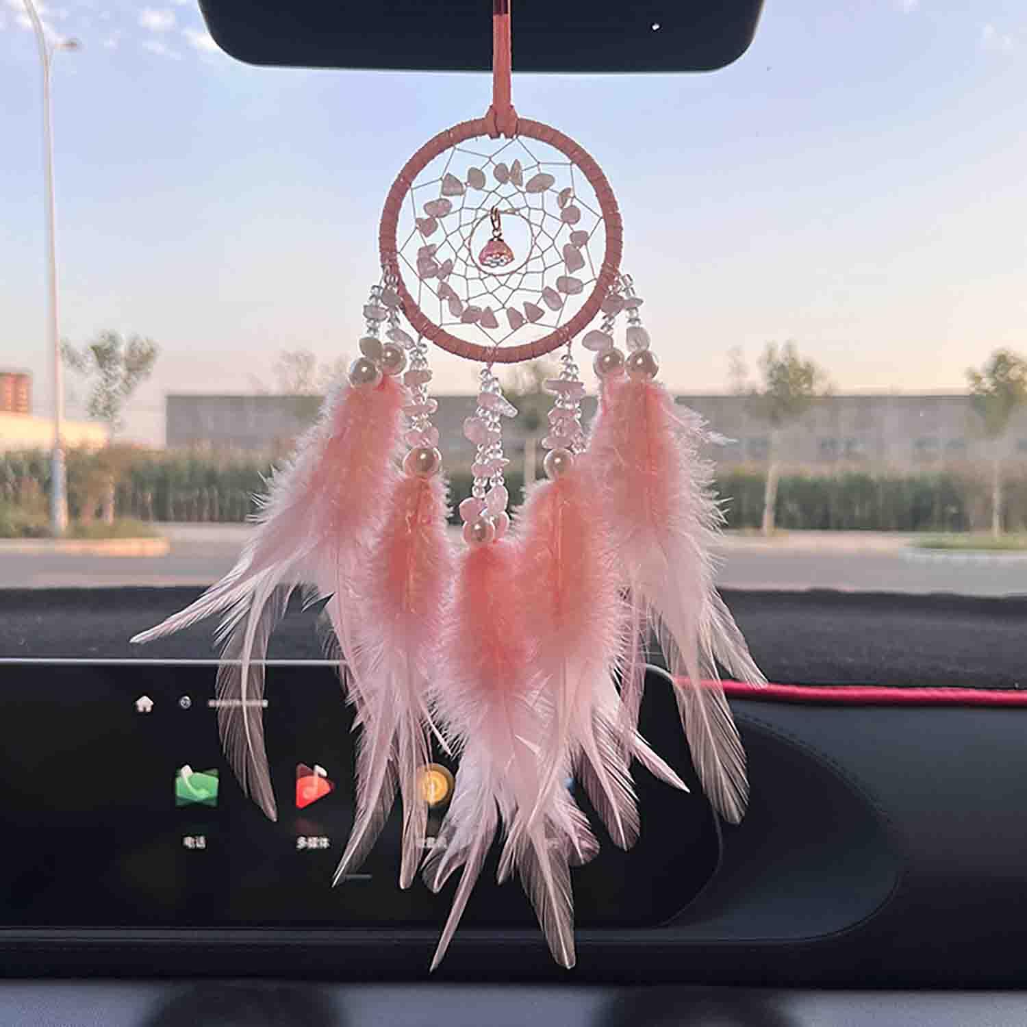 Car Dream Catcher for Rearview Mirror Accessories, Car Mirror Hanging Accessorie, Car Charms Ornament Lucky Ornament Pendant Car Interior Accessorie (Pink)