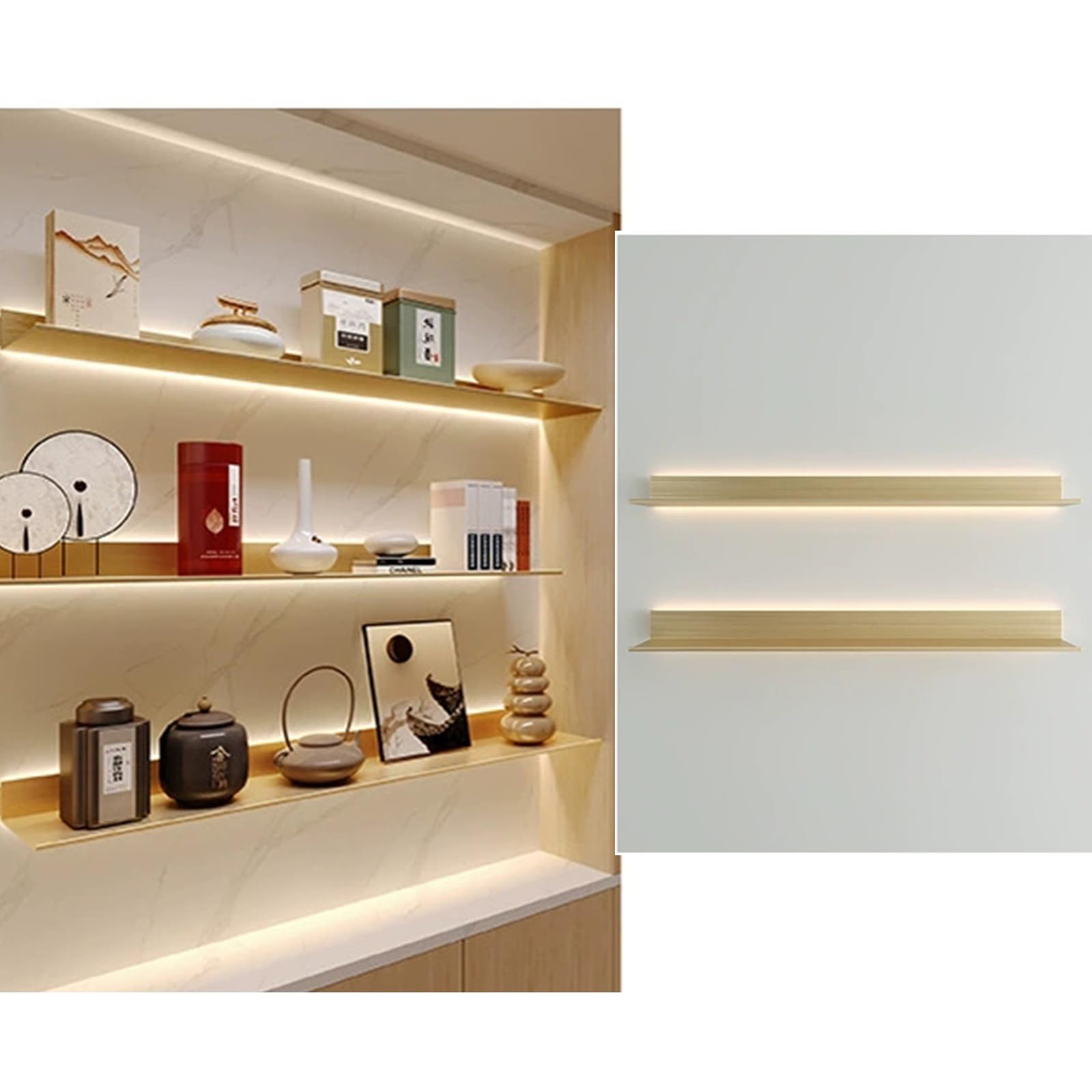 Estantes Flotantes para Pared, Estante de Pared de Aleación de Aluminio con Luz LED, Batería de Litio Incorporada, Estante de Exhibición Iluminado para Dormitorio/Sala de Estar/Cocina/Bar/Encimera(Gol