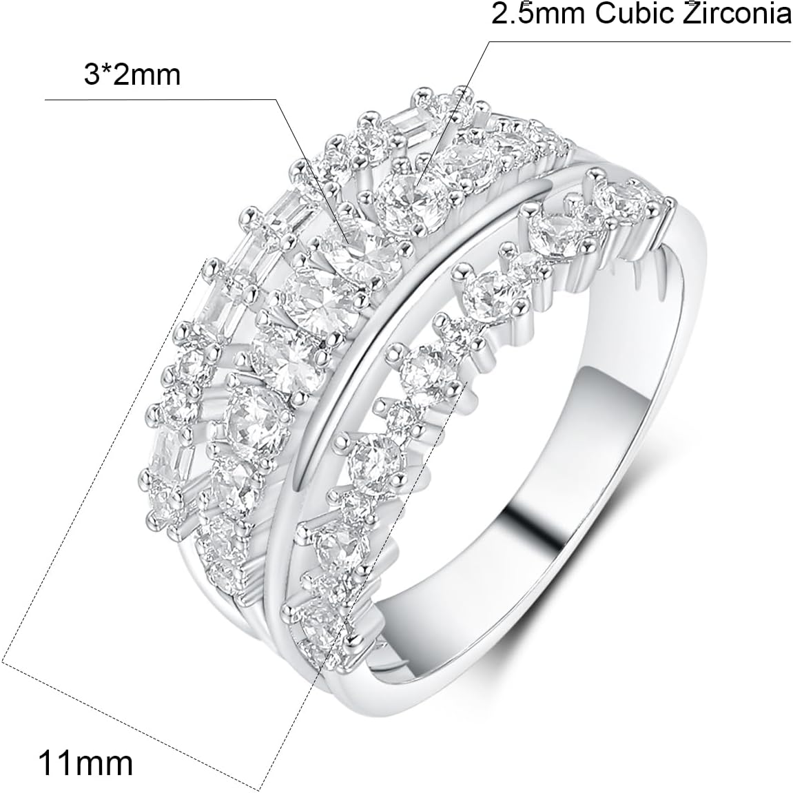 MDFUN 18K White Gold Plated Three-row Cubic Zirconia Engagement Rings Wedding Bands Round Cut Oval Emerald Cut CZ Promise Ring Eternity Band for Women Size 5-10 - Image 8