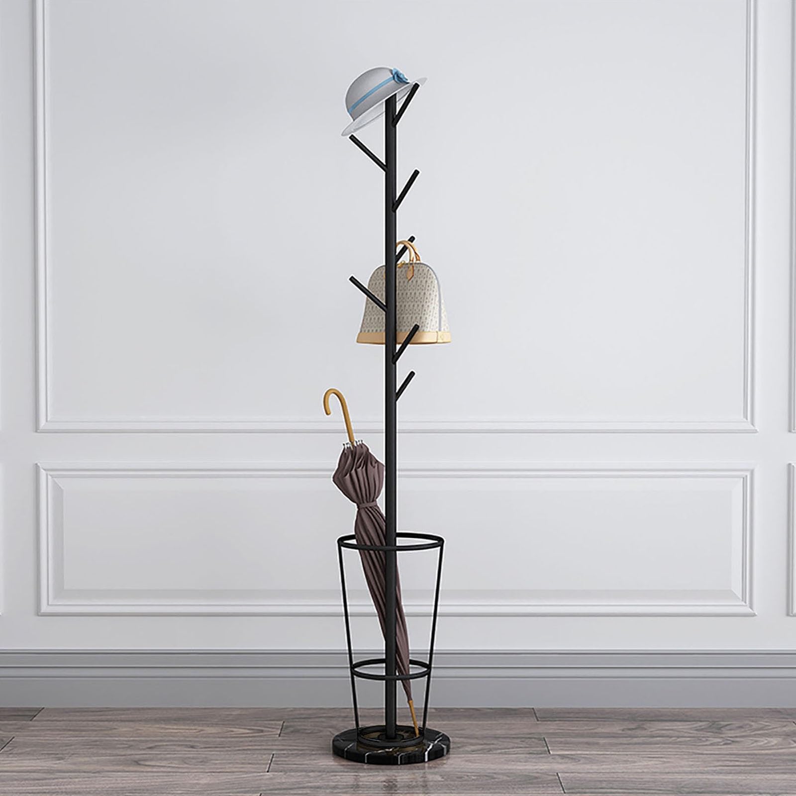 HYLYGFH Stylish Metal Umbrella Stand & Coat Rack with Marble Base - Elegant Entryway nizer with Hooks for Umbrellas & Coats - Durable and Space-Saving Design