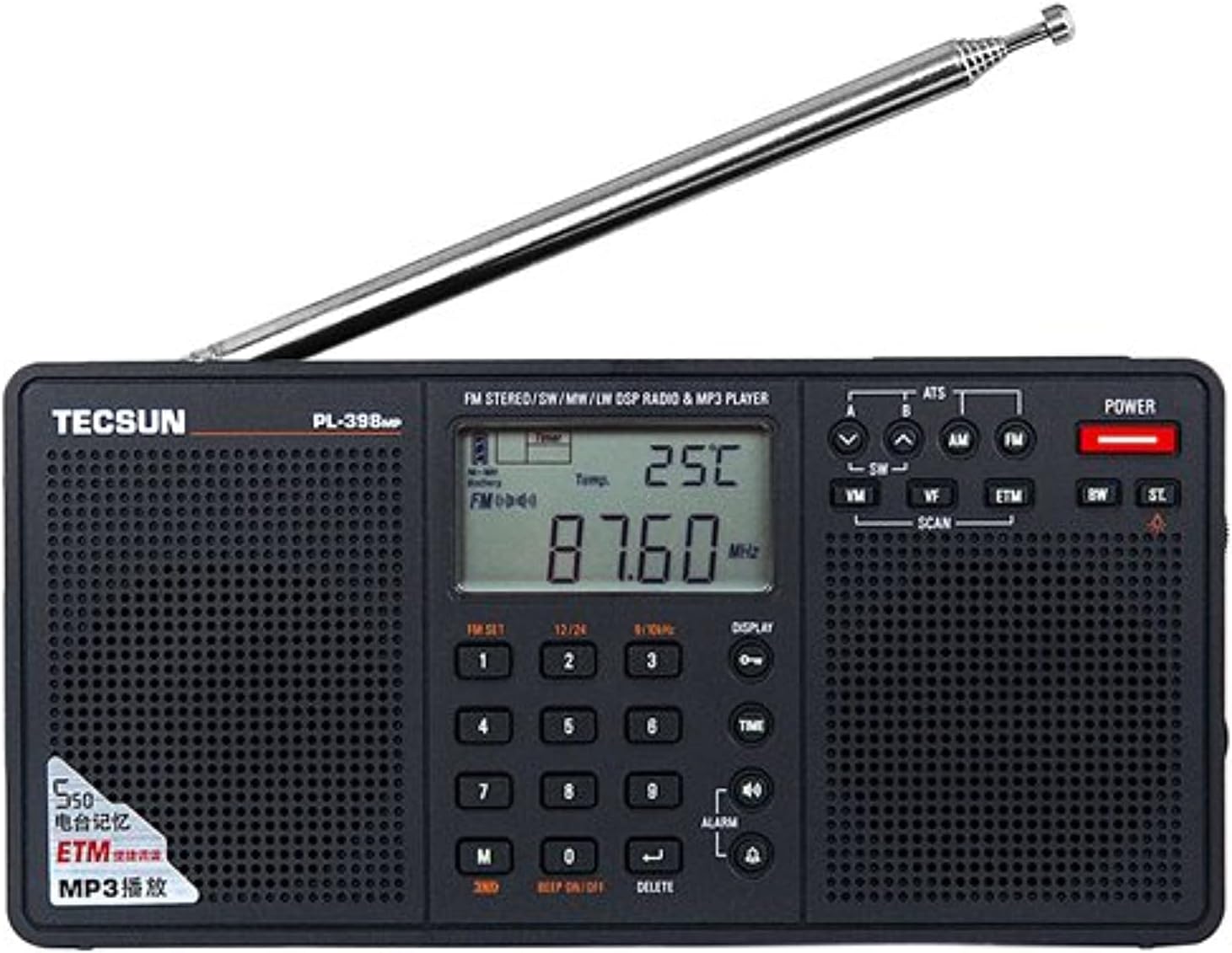 Tecsun PL398MP DSP Digital AM/FM/LW Shortwave Radio with Dual Speakers and MP3 Player (Black)