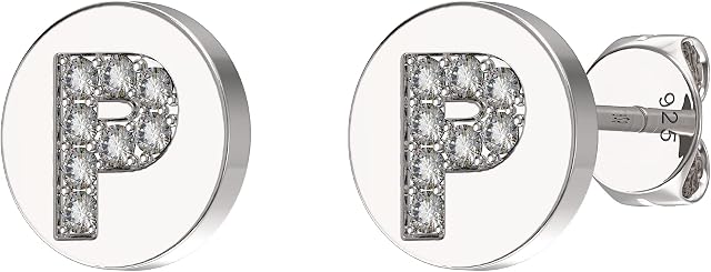 Sterling Silver Initial Earrings Set With Cubic Zirconia's. 7.6mm Round Earrings