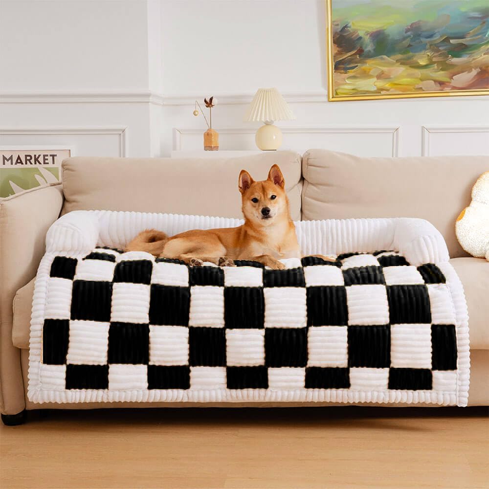 Przytulny pokrowiec na kanapę dla zwierząt domowych, zabawna mata dla psa na sofę, puszysty kremowy kwadratowy ochraniacz w kratę, wodoodporny koc dla psa, duży czarny 120 x 95 x 16 cm
