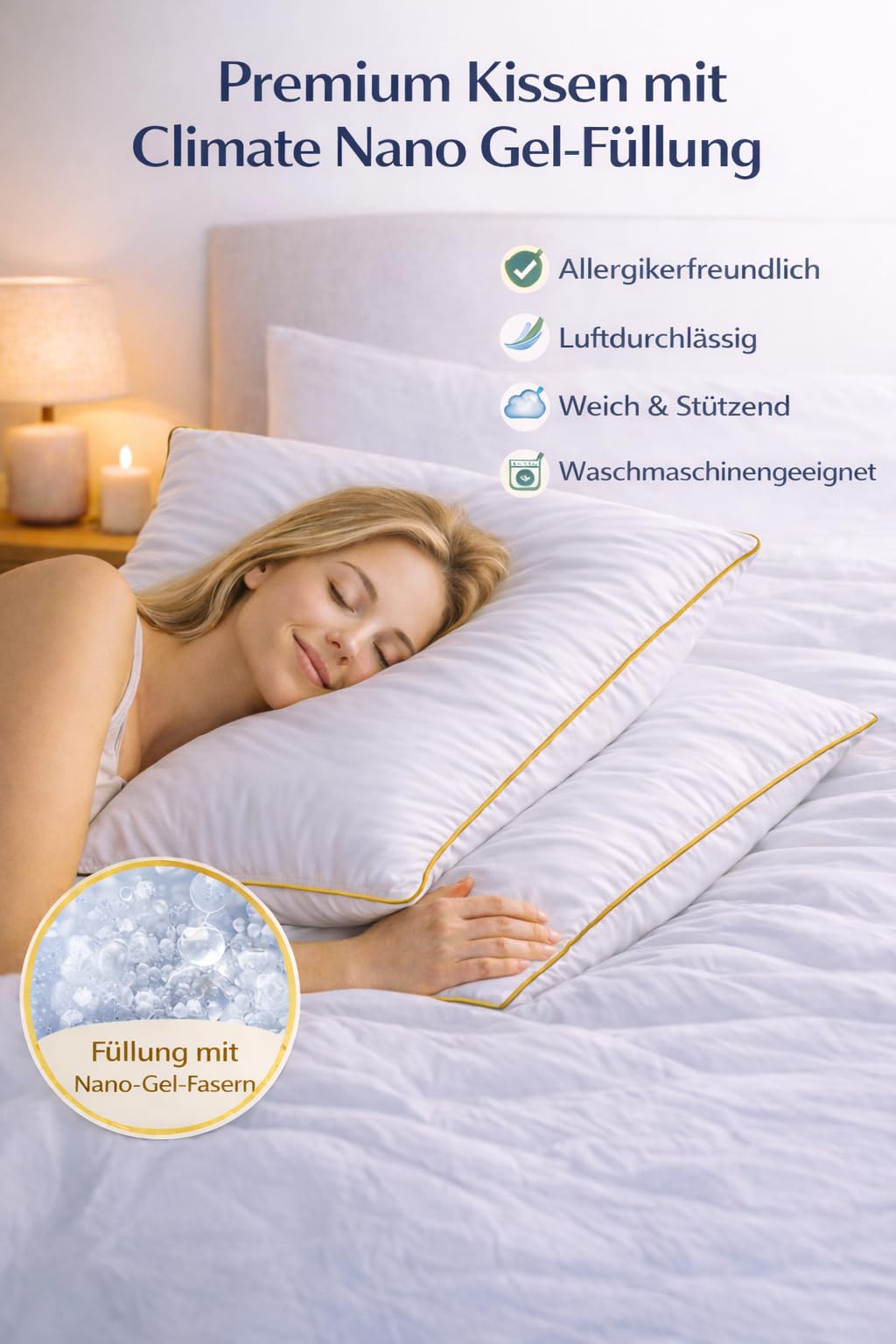 ELY PARKER Kissen Kopfkissen gegen Nackenschmerzen Gold Nano Gel Hotel Qualität 50x70 Allergikergeeignet Daunen Alternative 100% Baumwolle Waschbar (2er)