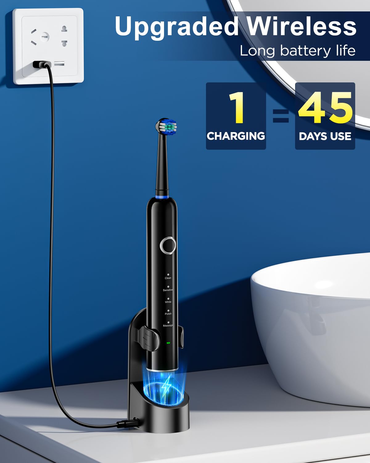 MCUDKIK Rotating Toothbrush for Adults, 5 Cleaning Modes Rechargeable Power Toothbrush — view 5