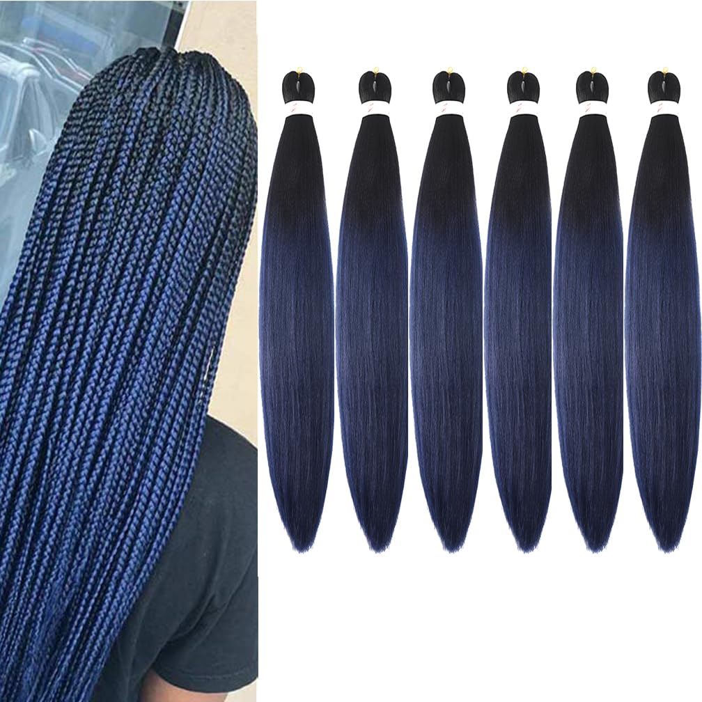 BALINGHAIR Pre-Stretched Braiding Hair Extensions High Temperature Braids Hair 28 Inch Ombre Black to Dark Blue(B20-6Packs)