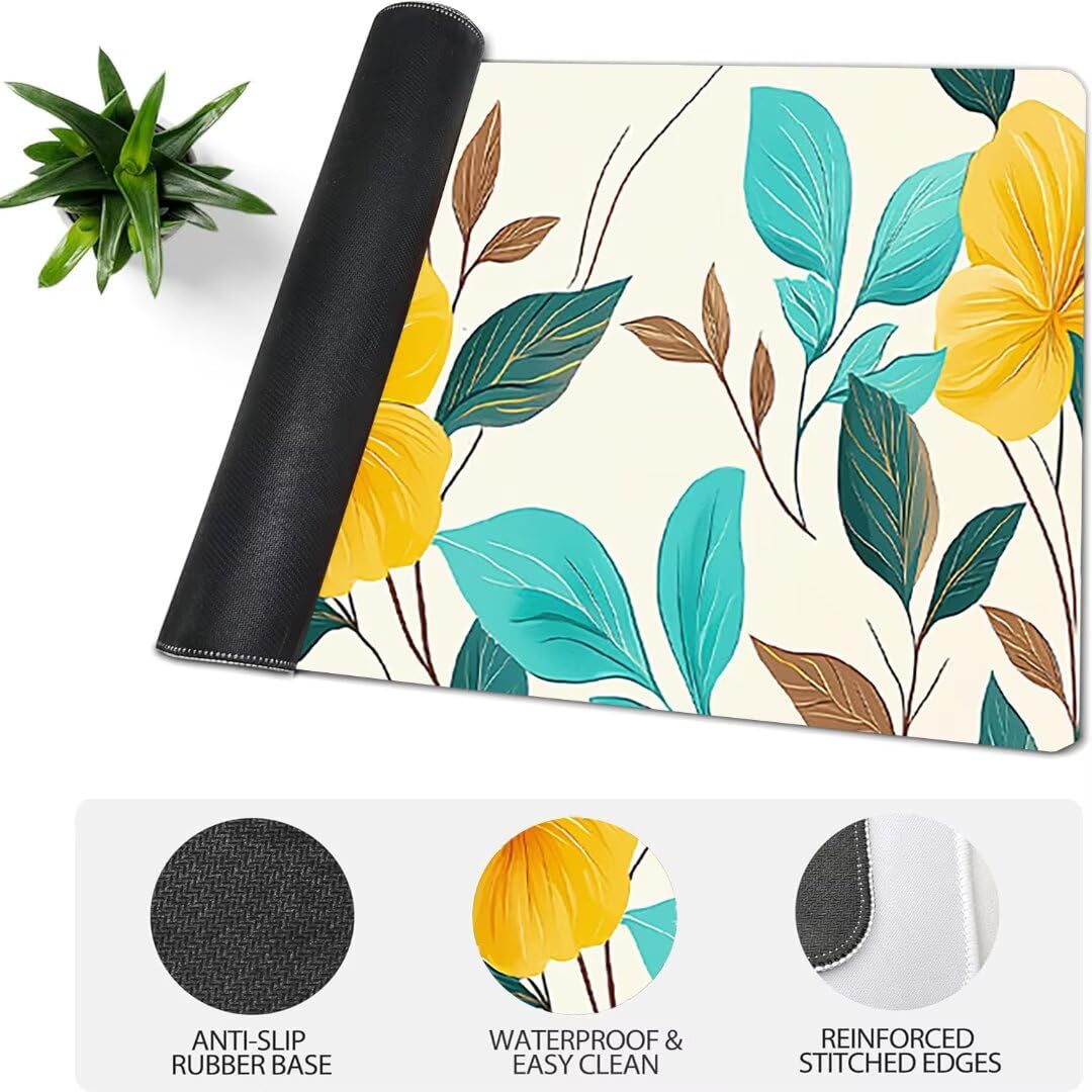 Podkładka pod mysz do gier XXL kwiat beżowa, podkładka pod mysz XXL - 1400 x 600 x 3 mm, podkładka pod mysz matowa, bardzo duża tkanina na biurko dla graczy, antypoślizgowa podstawa, dla graczy
