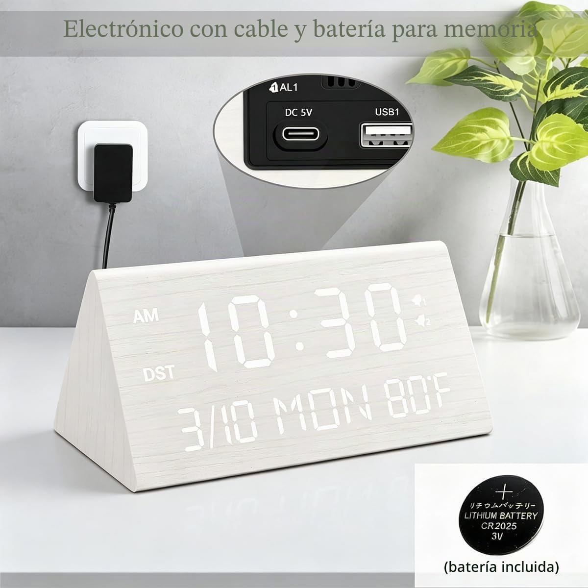Kogonee Reloj despertador digital de madera, 0100% de brillo y volumen, detección de temperatura, fecha, modo de día de semanafin de semana, doble alarma, 9 minutos de repetición, 1224H, reloj LED