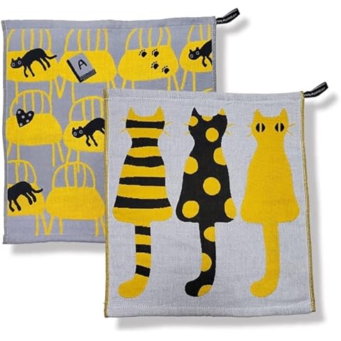 SEOULIAN; A set of 2 SNOOZING CATS, 100% cotton tea towel, Yellow & grey, Super absorbent, Quirky tea towel, Designed in Korea Cover