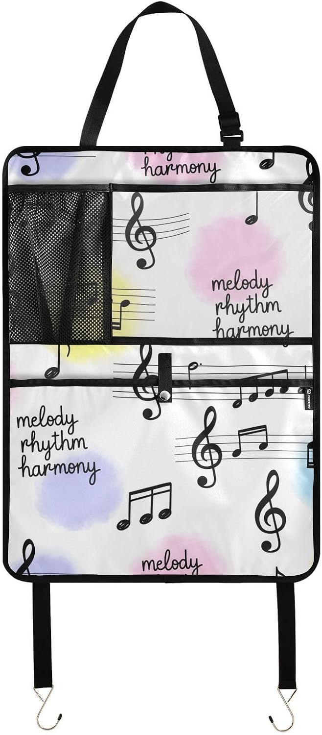 Colorful Music Note Backseat Organizer 1 Pack Kick Mats with Pockets Backseat Protector Seat Covers for Car Storage Travel Accessories