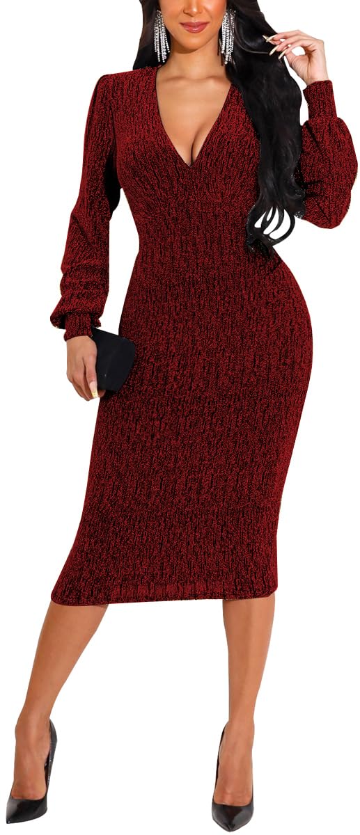 Women's Elegant Bodycon Long Dresses Deep V Neck Long Sleeves Club Night Party Midi Dress