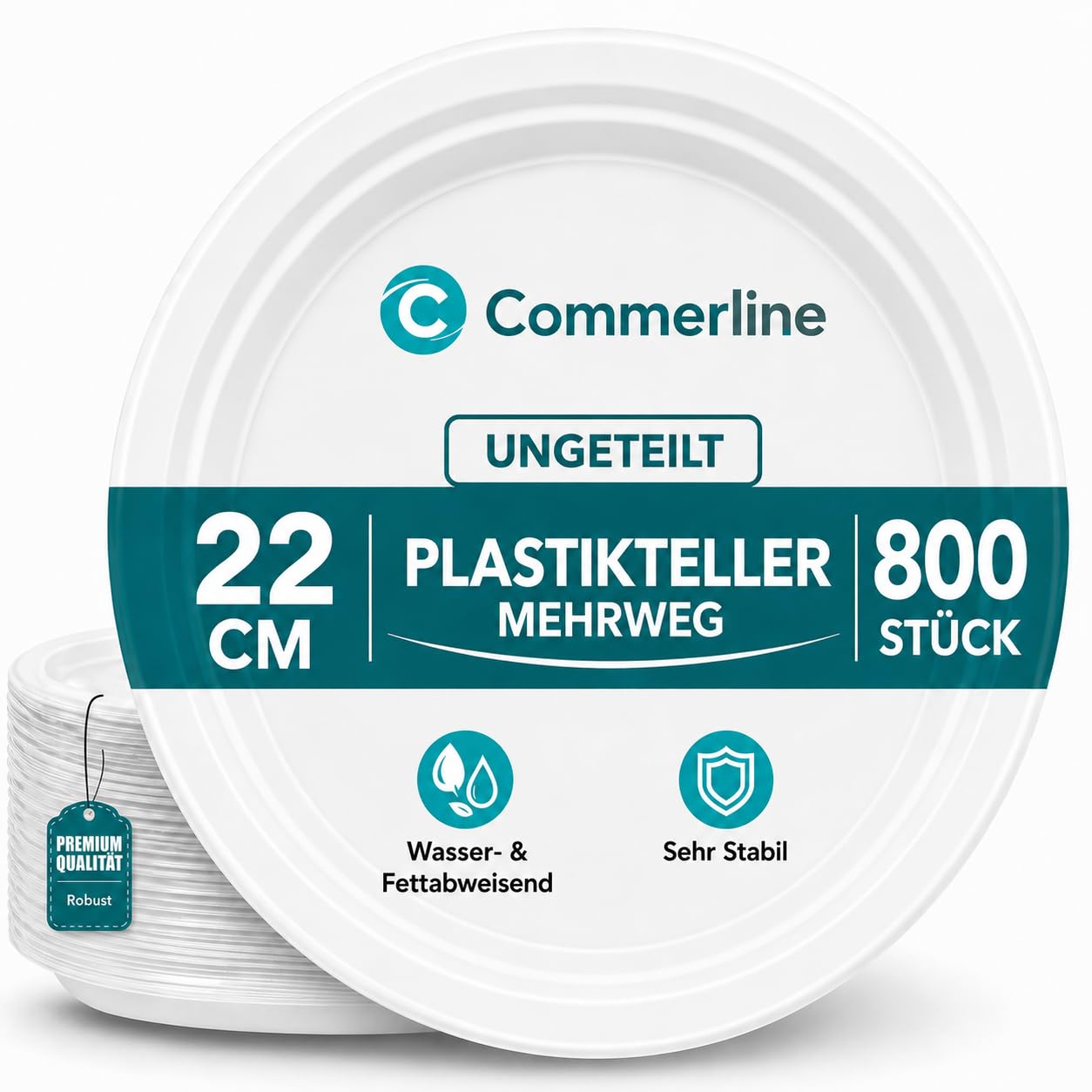 Commerline 800 plastikowych talerzy niepodzielonych, wielokrotnego użytku, Ø 22 cm, talerze imprezowe, plastikowe, nadają się do mycia w zmywarce