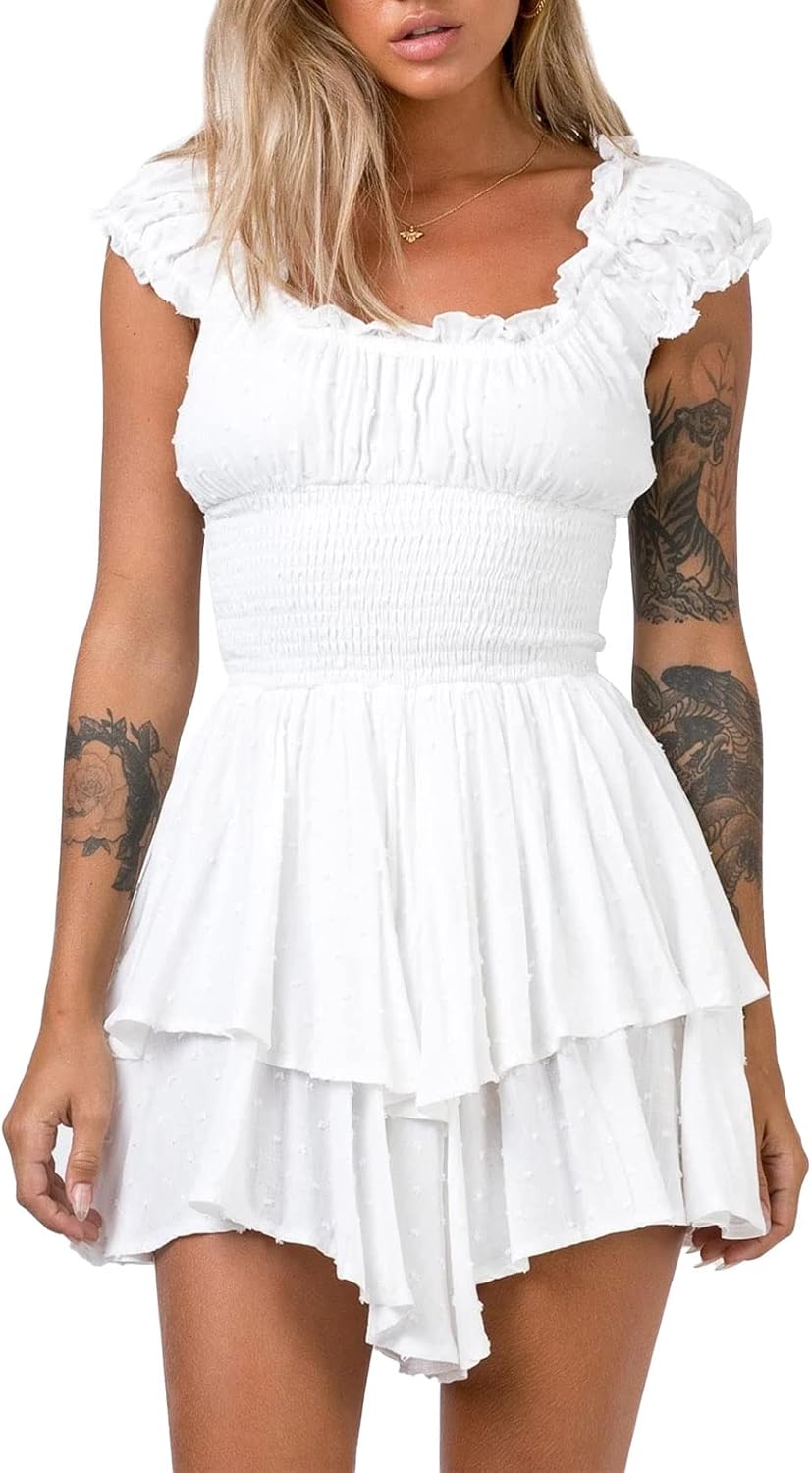 AOHITE Womens Summer Tube Top Dress Off-Shoulder Ruffled Flowy Mini Short Dresses
