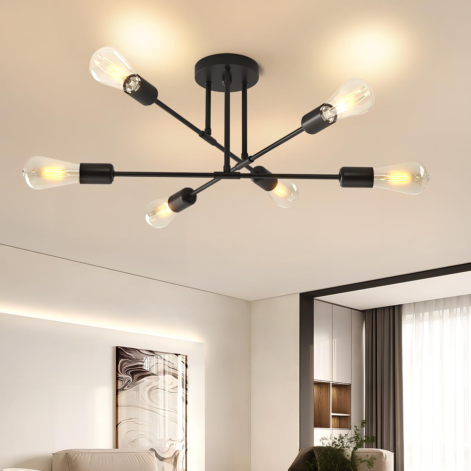kuwork Vintage Ceiling Lamp, 6 Lights E27 Ceiling Pendant Light, Modern Ceiling Light for Living Room, Bedroom, Study, Kitchen and Dining Room, Black
