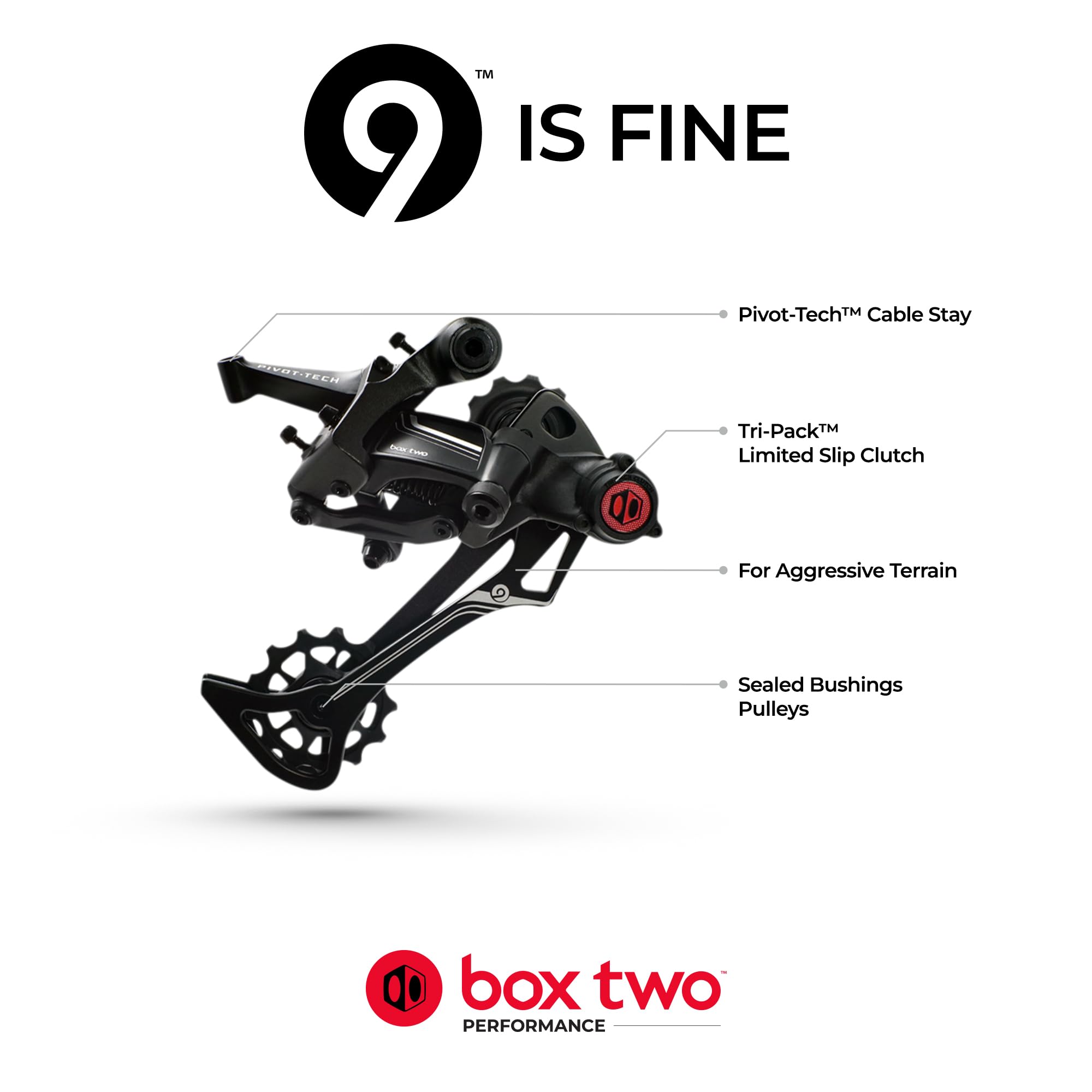 Box Dos Prime 9 X-Wide - Desviador trasero para bicicletas de montaña, montaje no directo para bicicleta de montaña, poleas de buje selladas de ónix duro brillante con acabado de ciclismo, color negro