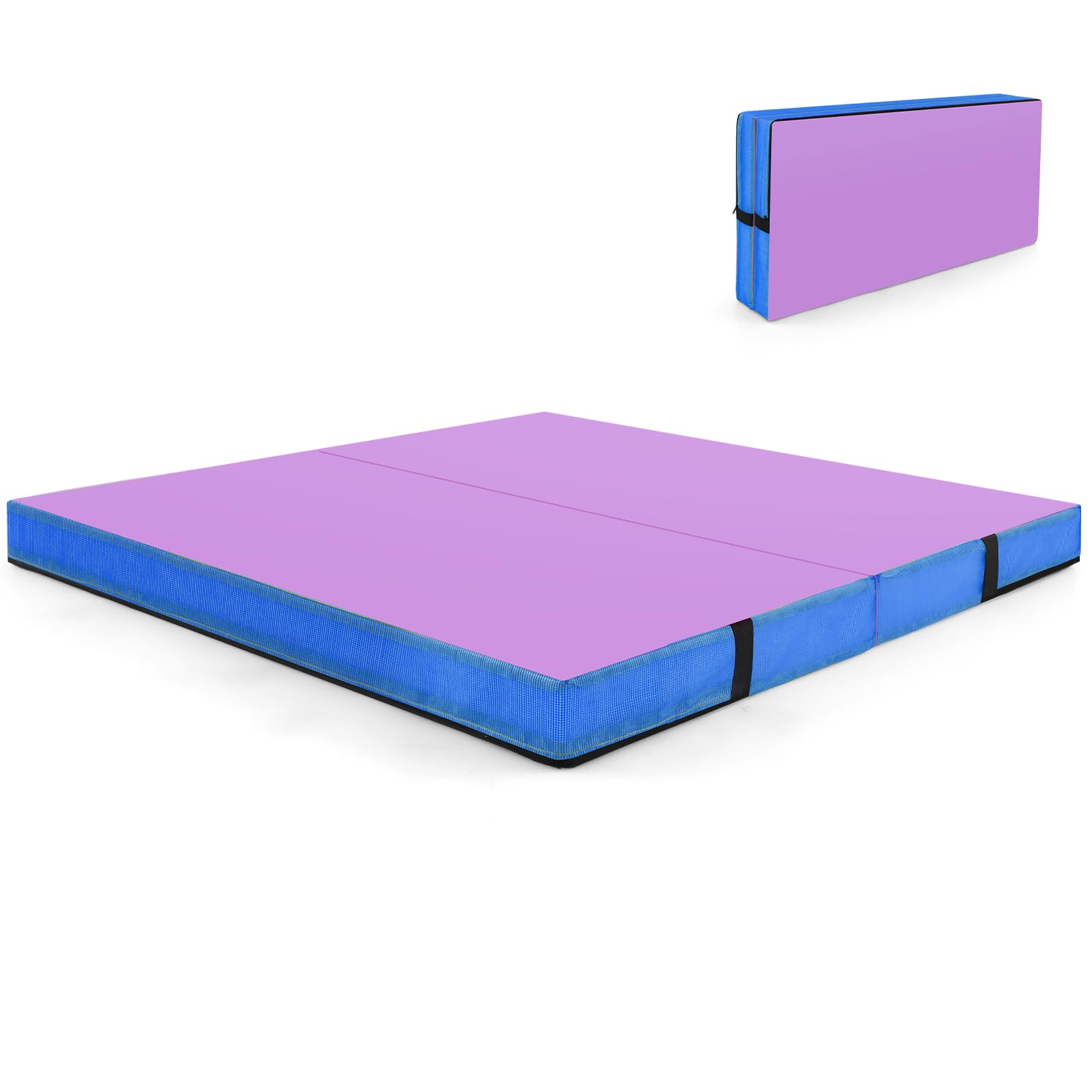 Goplus 4" Thick Folding Gymnastic Mat, 4ft x 4ft x 4in Thickened Bi-Fold Fitness Mat with Carrying Handles & PU Leather Cover, Home Gym Tumbling Mat