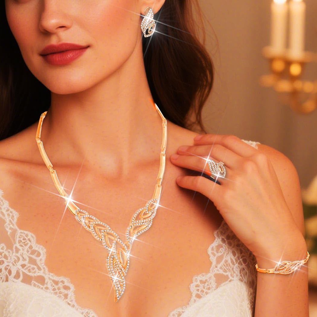 Unicra Gold Jewelry Set Rhinestone Bridal Wedding Necklace Earrings Bracelet Ring Sets Formal Prom Jewelry Sets for Women and Brides - Image 3