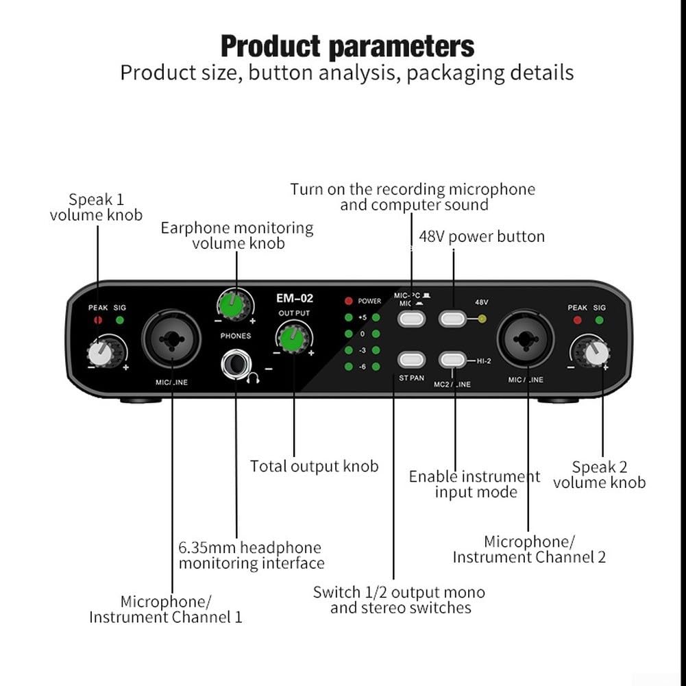 Scheda audio USB Interfaccia Audio 2 In 2 Out con Alimentazione 48V per Studio Per La Registrazione Microfoni A Condensatore Strumenti XLR 6.35mm Connettività