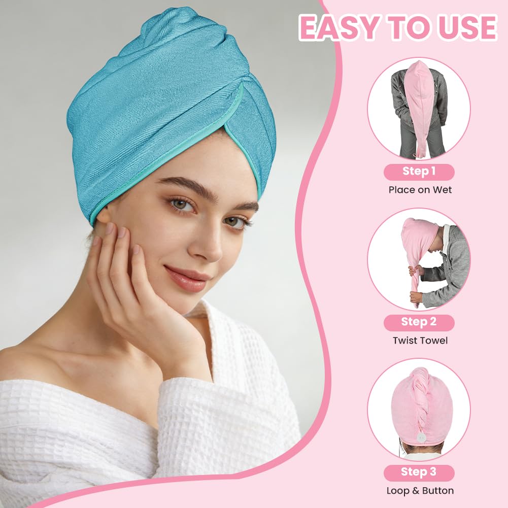 HOTUT Asciugamano Microfibra Capelli,2 Pezzi Asciugamano Capelli Turbante con Bottone,Morbido Assorbente, Turbante ad Asciugatura Rapida,Capelli Microfibra Urbana per Lunghi,Corti,Donne,Ragazze